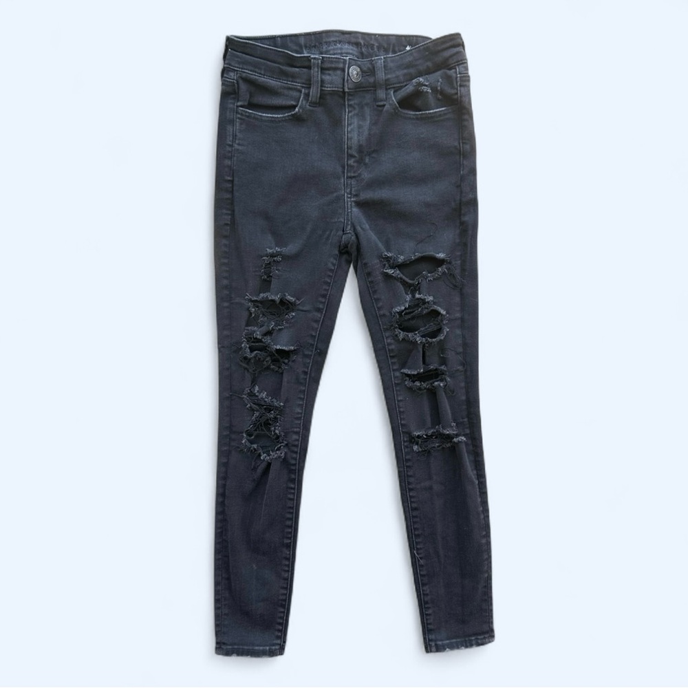 American Eagle Distressed Skinny Denim Hi-Rise Jegging in Black Size 2 Short
